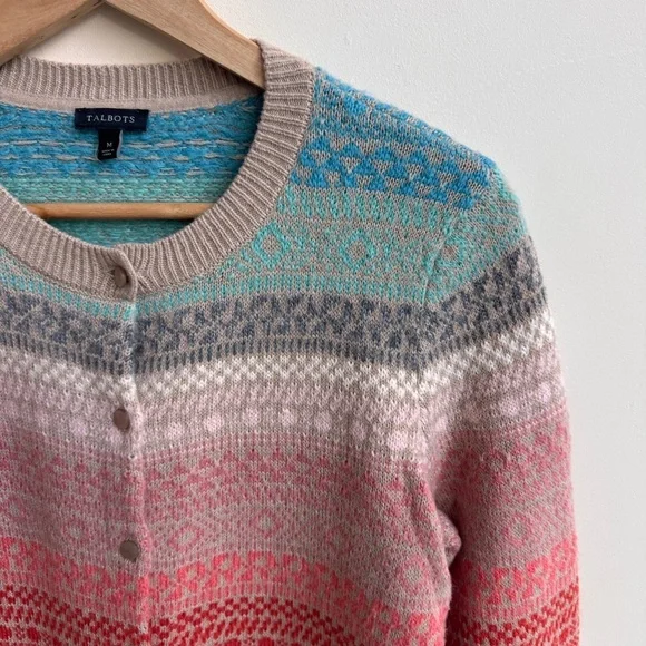 Talbots Pastel Multicolor Fairisle Stripe Lambswool Round Neck Womens Size M - Picture 3 of 12
